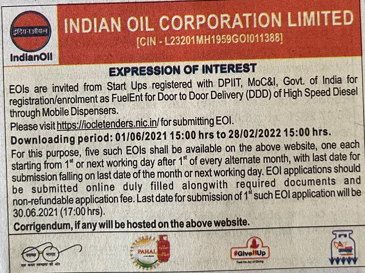 IOCL Diesel Delivery Tender 